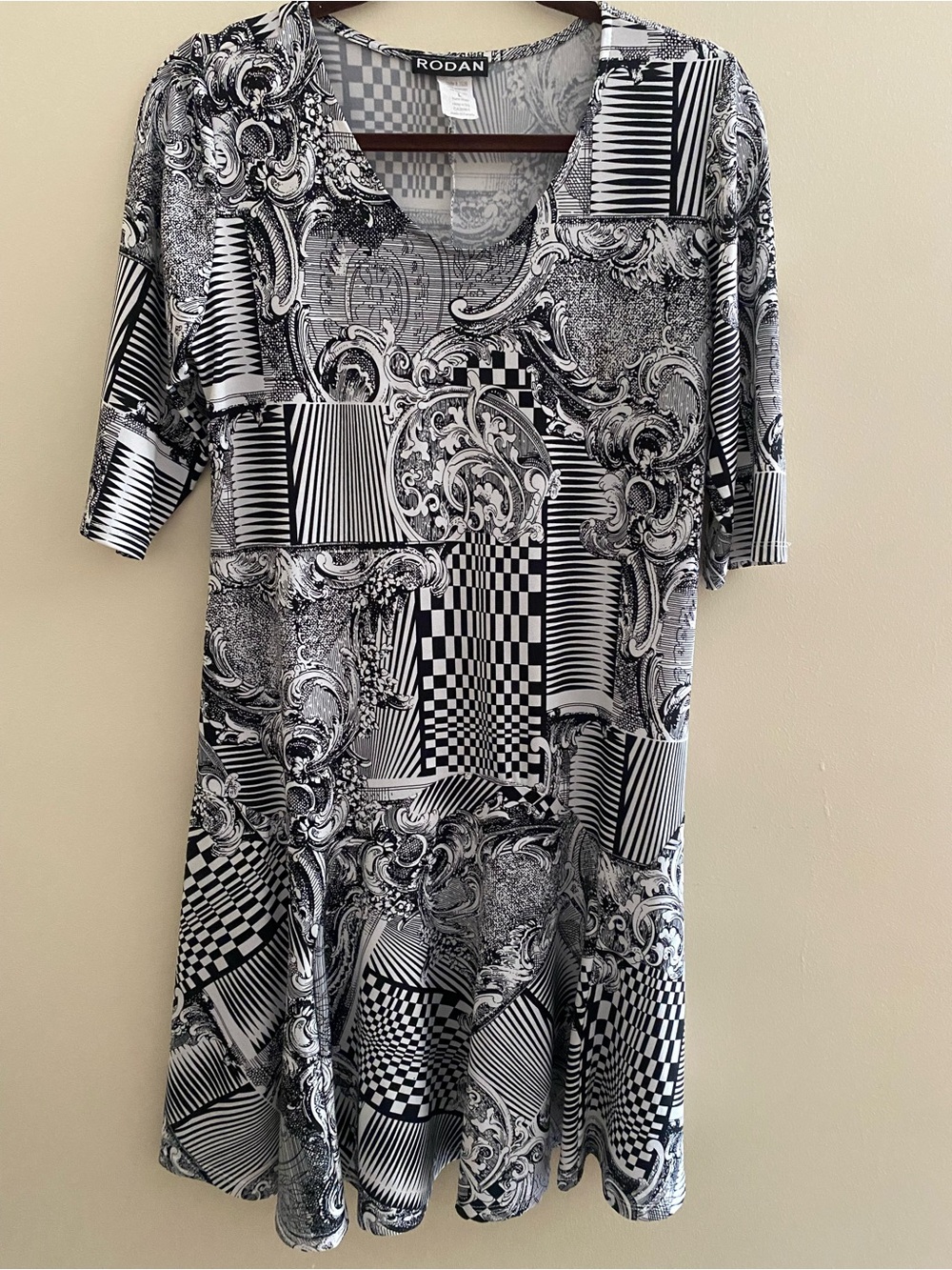 Rodan Black & White Patterned V-Neck Dress